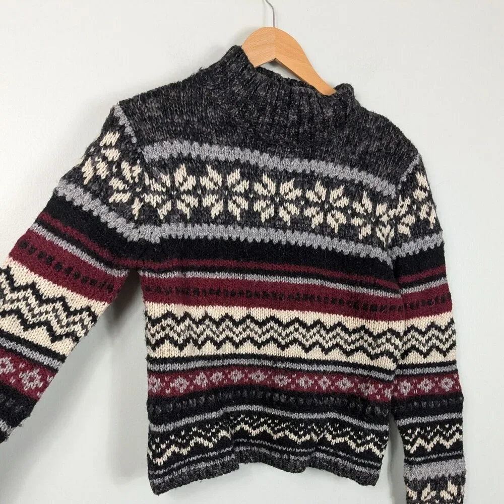 Vintage Sweater 90s Turtuleneck Chunky Stripe Snowflake Wool Isle Red Gray S